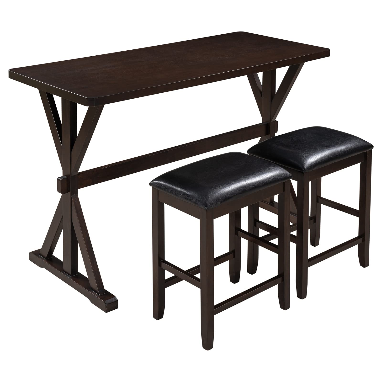 KepooMan 3-Piece Counter Height Wood Dining Table Set with 2 Padded Stools - Kitchen & Dining Room Furniture in Brown Finish with Black Cushion | Perfect for Small Spaces, Breakfast Nooks & Apartment Living