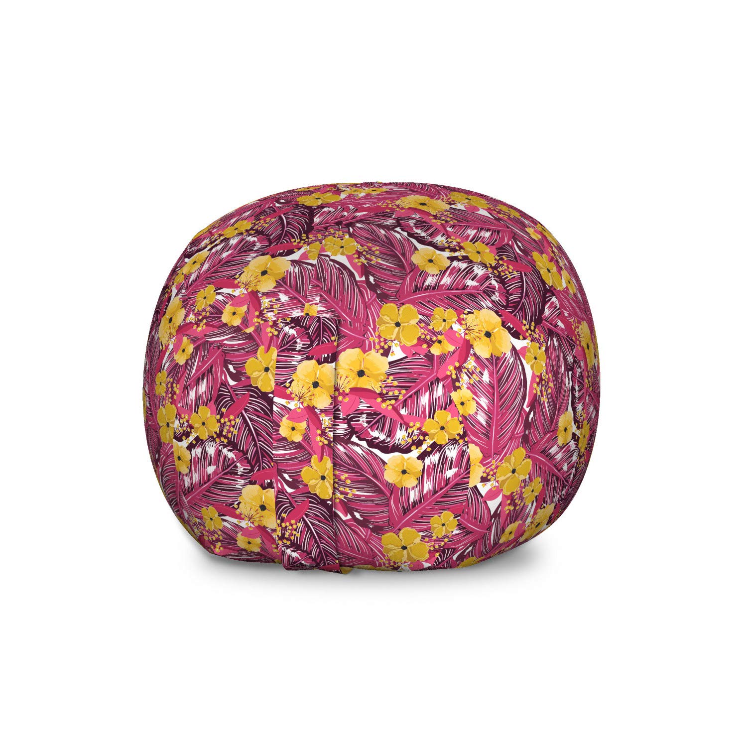 Ambesonne Hibiscus Storage Toy Bag Chair - Large Washable Stuffed Animal Organizer with Exotic Summer Leaves & Jungle Blossoms Design in Magenta & Mustard - Perfect for Kids' Room, Playroom, and Nursery Organization