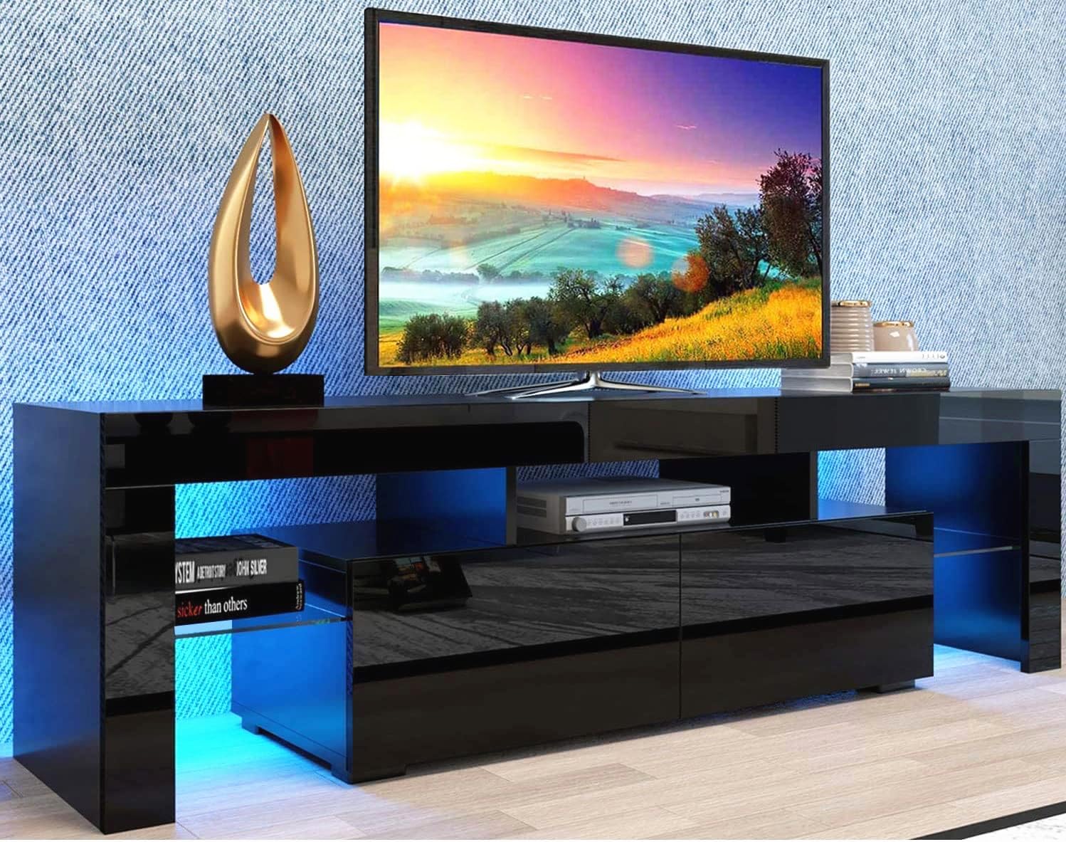 Goujxcy TV Stand Entertainment Center with 20 LED Color Changing Lights - Modern Living Room TV Console Table & Storage Cabinet for 65 Inch TVs (Black) - Perfect for Home Theater Setup & Living Room Organization