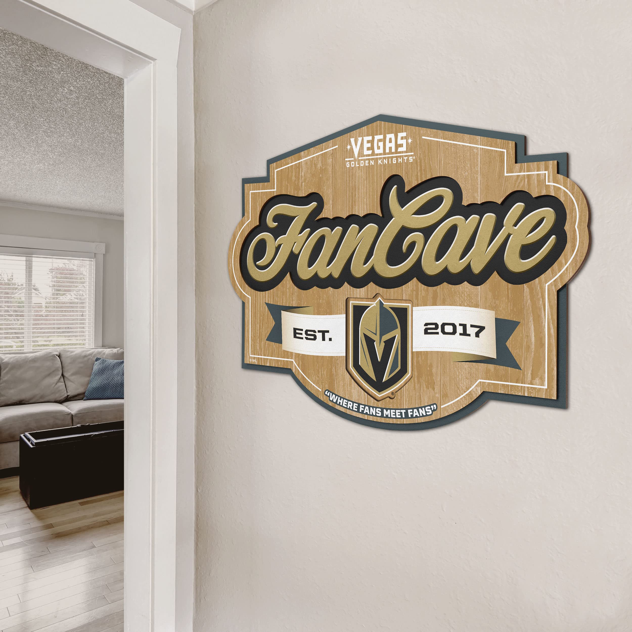Official NHL Vegas Golden Knights Fan Cave Sign - Premium Wooden Wall Decor for Hockey Fans - Perfect for Game Room, Man Cave, and Sports Bar Decor