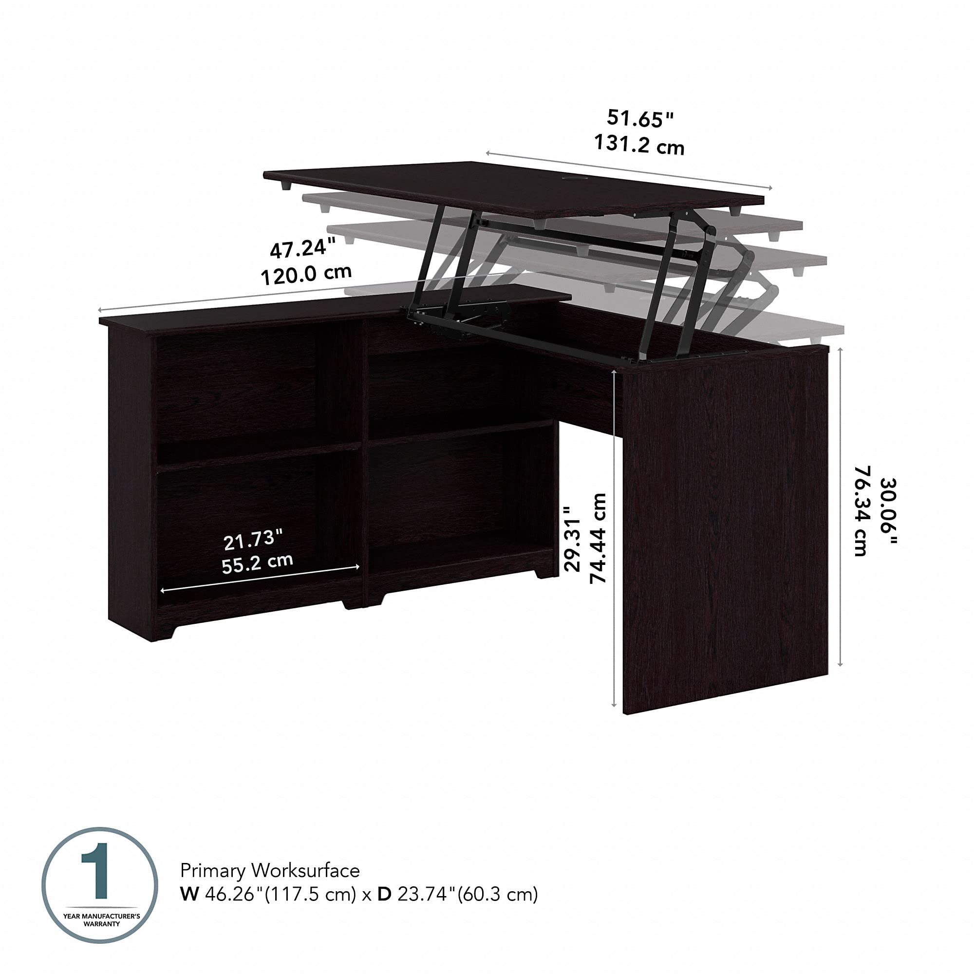 Bush Furniture Cabot 52W 3-Position Adjustable Height Sit to Stand Corner Desk with Shelves in Espresso Oak - Perfect for Home Office, Small Spaces & Ergonomic Workstations