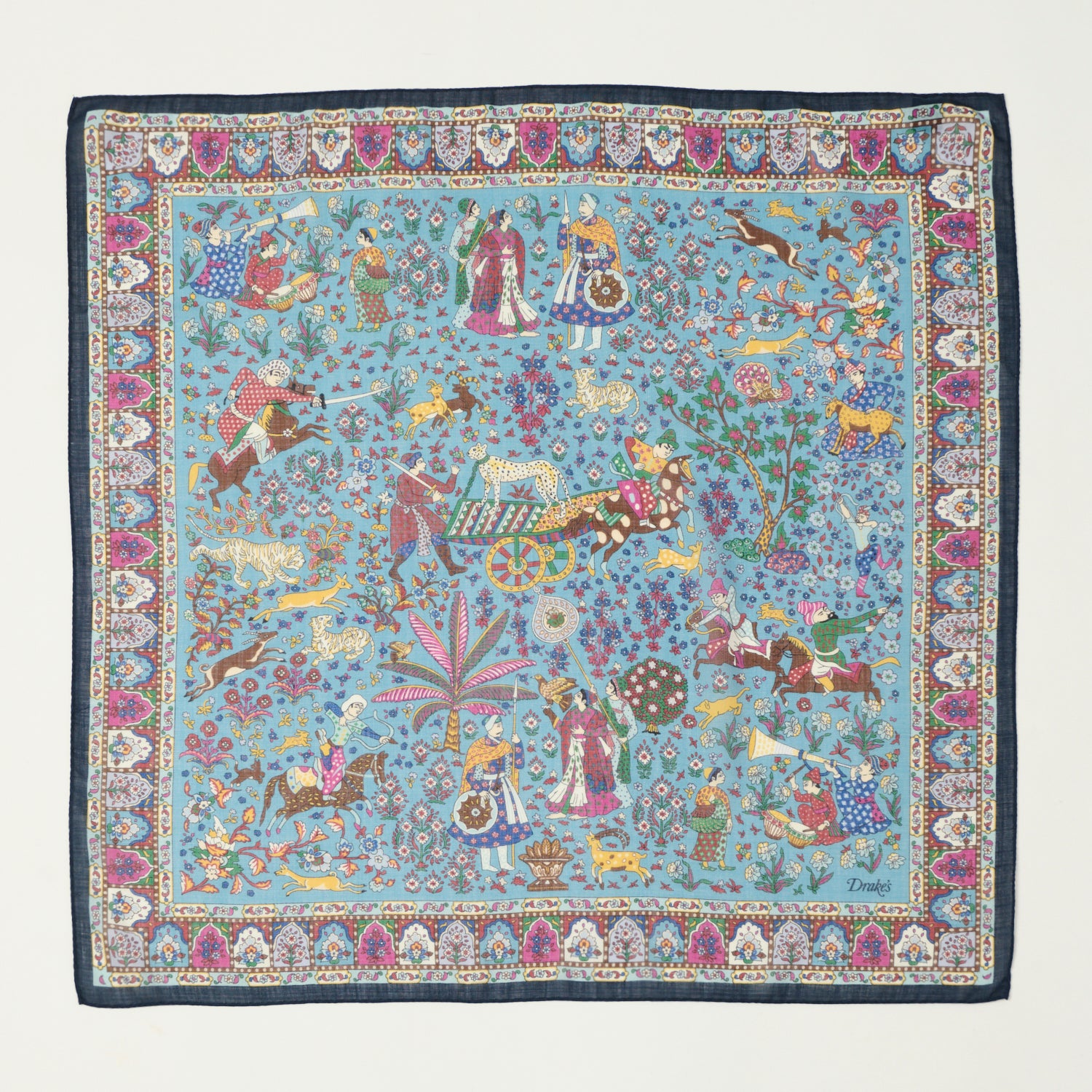 Drake's Floral Mughal Wool Silk Bandana Scarf - Navy Blue Magenta Print - Stylish Accessory for Men & Women - Perfect for Casual Wear, Music Festivals, and Vintage Fashion