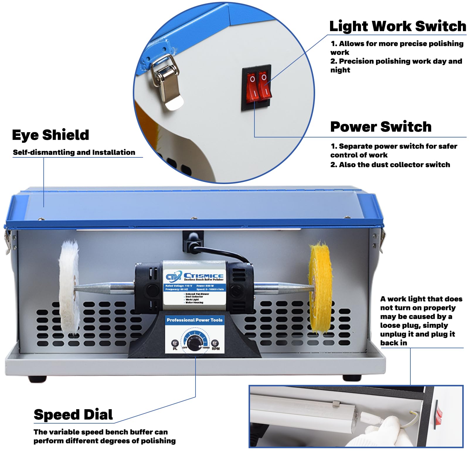 **500W Jewelry Bench Polisher - Adjustable Speed Buffing & Polishing Machine with Exhaust Fan, Dust Collector & Work Light - Perfect for Jewelry Making, Metal Polishing & Woodworking**    *(Ideal for DIY Crafts, Professional Jewelers & Metalworkers - Enhance Shine & Finish on Rings, Bracelets, Knives & Wooden Art!)*
