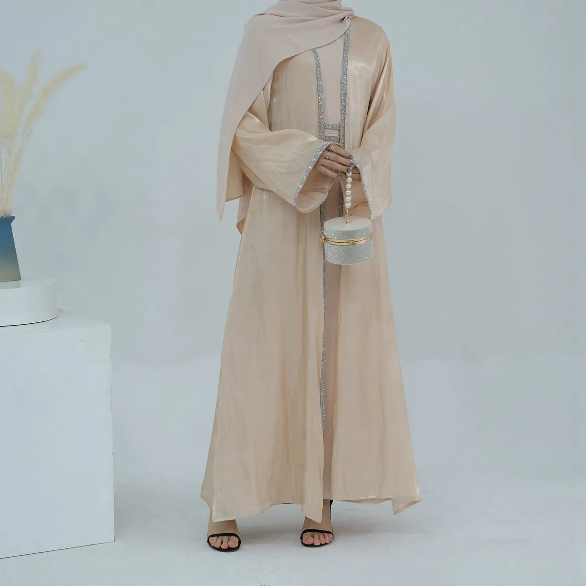 2-Piece Hotfix Rhinestone Sparkling Open Abaya Dress Set with Inner Dress - Perfect for Weddings, Parties & Special Occasions