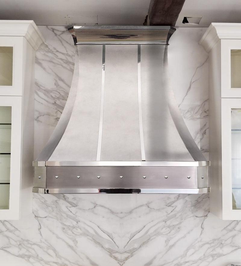 Custom Brushed Stainless Steel Curved Range Hood with Polished Accents - Modern Kitchen Ventilation for Home Chefs | Perfect for Open-Concept Kitchens & Gourmet Cooking
