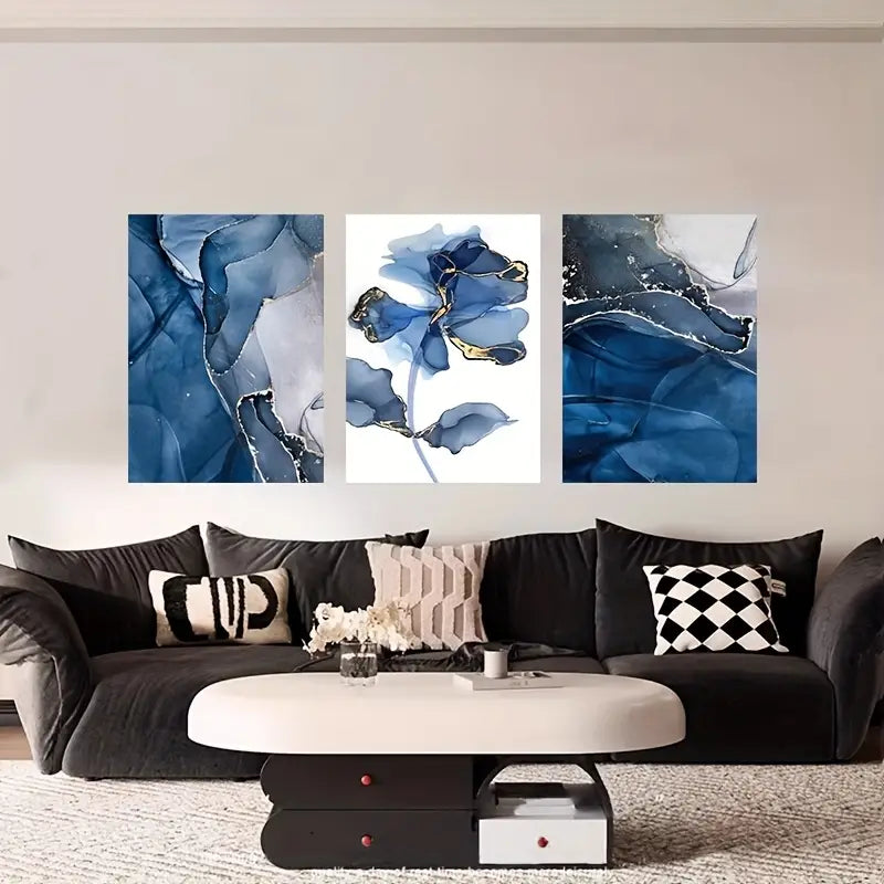 3-Piece Abstract Blue Flower & Waterfall Metal Wall Art - Ready to Hang Modern Home Decor for Living Room, Bedroom & Office
