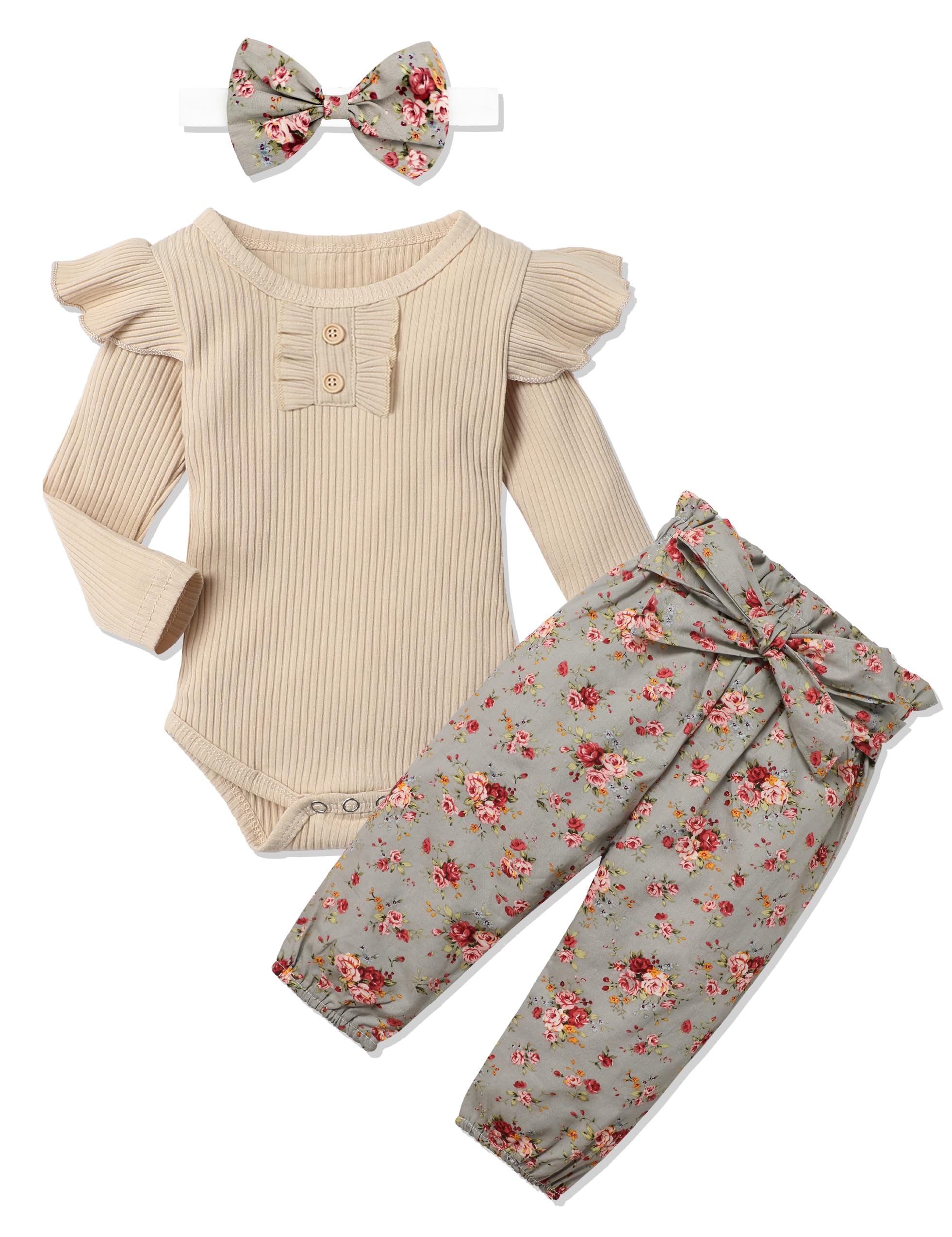 Adorable Newborn Baby Girl Outfit Set - Ribbed Ruffle Sleeve Romper + Floral Pants + Headband (3Pcs) | Soft Cotton Infant Clothes for Photoshoot, Birthday Party & Special Occasions