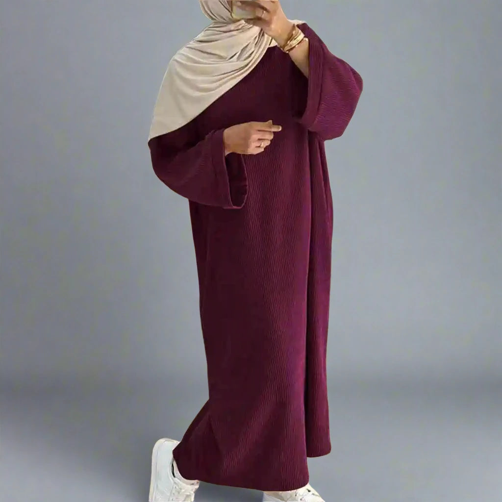 Thick Winter Fall Corduroy Abaya Dress with Pockets - Modest Long Dress for Muslim Women - Perfect for Prayer, Mosque, and Everyday Wear
