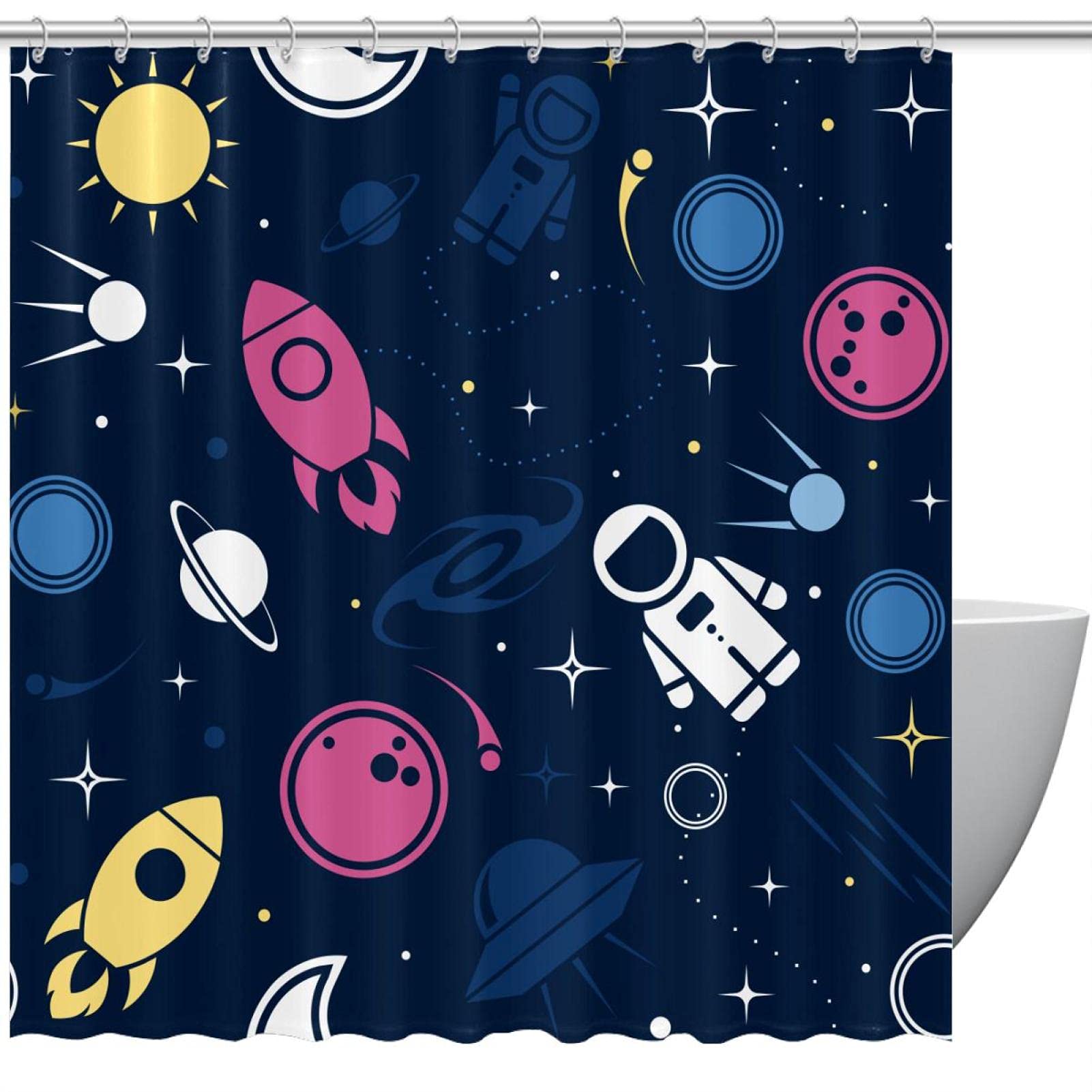 Pink & Yellow Space Rocket Shower Curtain with Hooks - 72 Inch Waterproof Bathroom Decor for Kids | Fun Spacecraft & Planet Design for Boys & Girls Bedrooms - Perfect for Themed Bathrooms & Playrooms