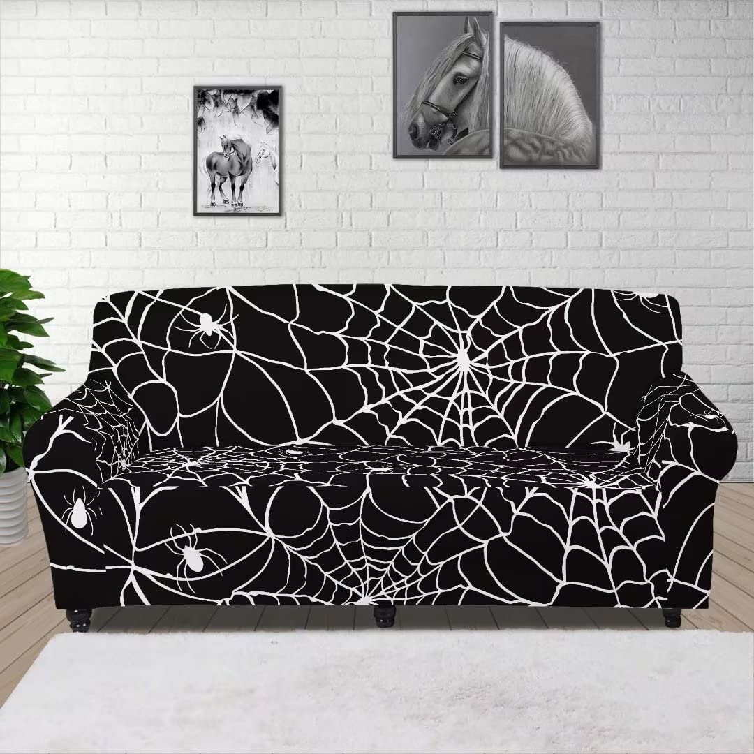 GOSTONG Spider Web Print Stretch Sofa Slipcover - 3 Seater Couch Cover, Polyester Furniture Protector for Living Room Decor | Perfect for Halloween, Gothic Home Decor & Pet-Friendly Furniture Protection