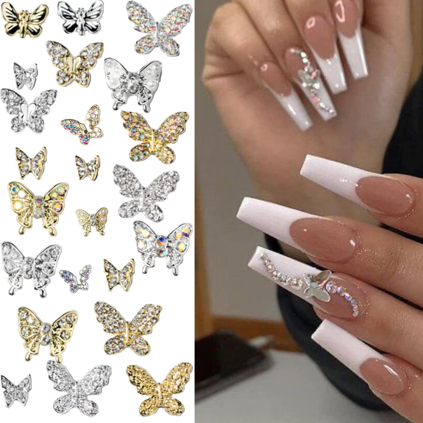 3D Butterfly Nail Charms with Diamonds - 22 PCS Gold & Silver Rhinestones for Nail Art - Perfect for Women's Nail Design & Decoration
