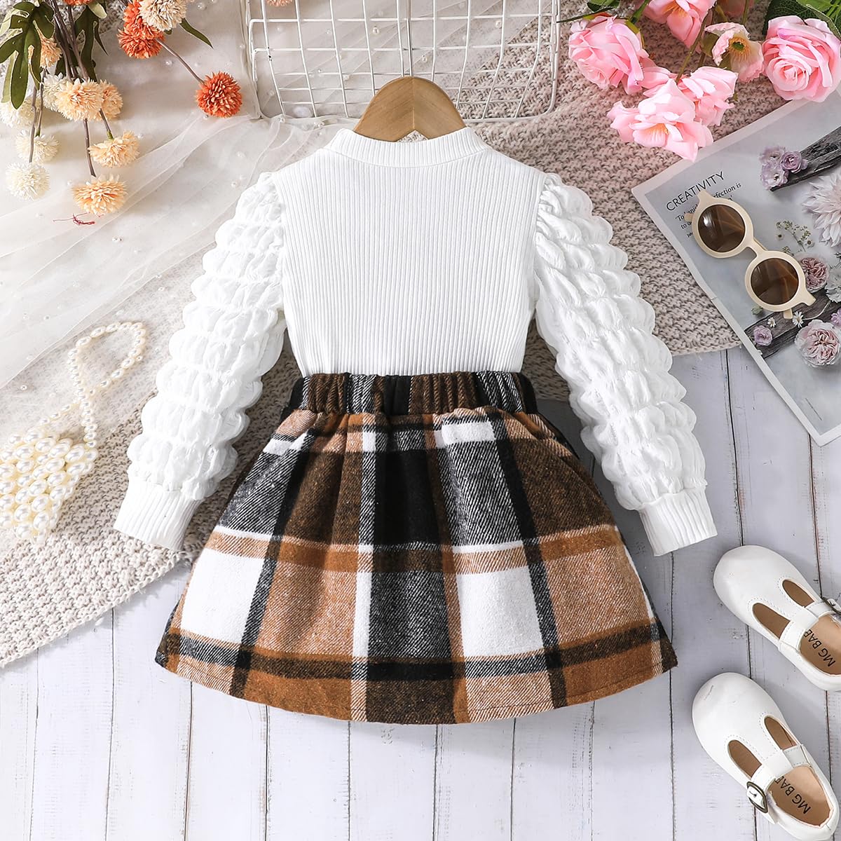 Stylish Noubeau Toddler Girls Plaid Outfits - Puff Sleeve Knit Ribbed Shirt & Plaid Skirt Set for Fall Winter | Cute Kids Clothes for School, Holidays & Family Photos