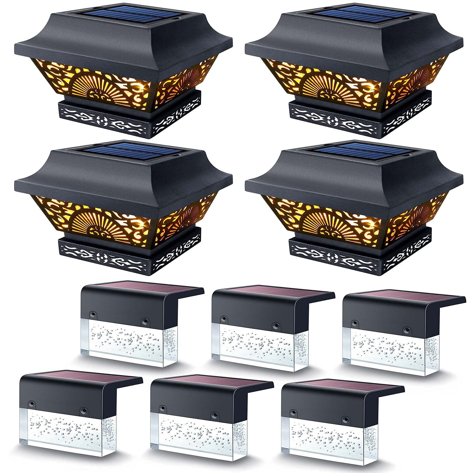 4 Pack Solar Post Lights & 6 Pack Solar Deck Lights - Outdoor Pathway & Stair Lighting for Garden, Patio, and Backyard