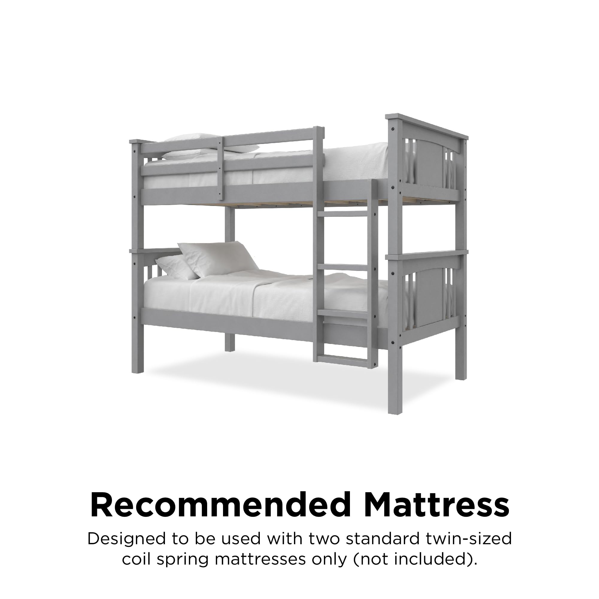 DHP Dylan Wood Twin Over Twin Bunk Bed with Ladder, Grey - Space-Saving Kids Bedroom Furniture for Siblings or Sleepovers