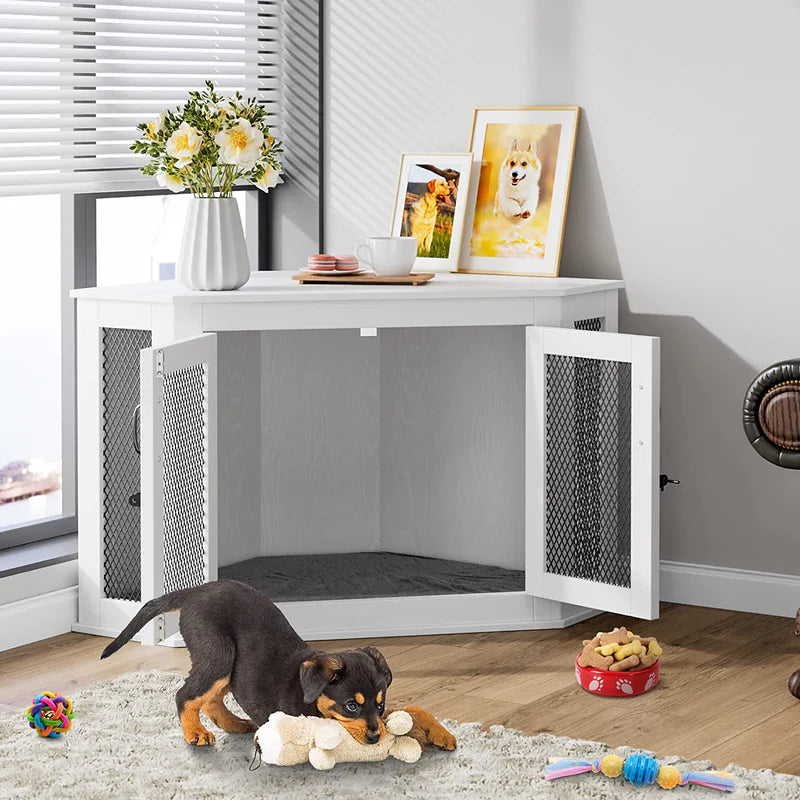 Corner Dog Crate - Soft Cushion & Breathable Mesh Pet Kennel for Indoor Use | Perfect for Small Spaces & Apartment Living