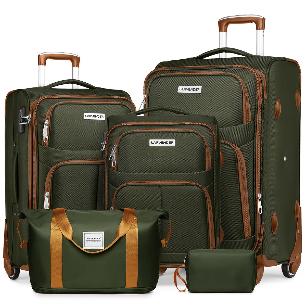 5-Piece Lavender Softside Expandable Luggage Set with Spinner Wheels & TSA Lock - Lightweight Rolling Suitcase for Travel - Green & Brown Soft Shell Carry-On for Men & Women - Perfect for Family Vacations, Business Trips & International Travel