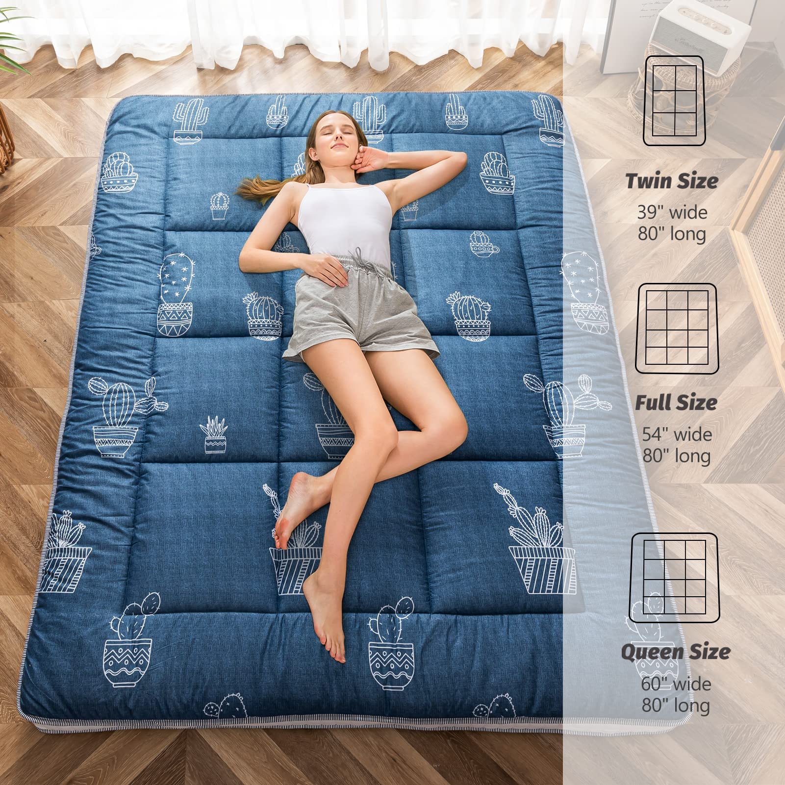 MAXYOYO Queen Size Futon Mattress - Grey Cactus Pattern Japanese Floor Mattress, Extra Thick Quilted Tatami Bed with Breathable Folding Design | Perfect for Guest Rooms, Camping & Couch Sleeping