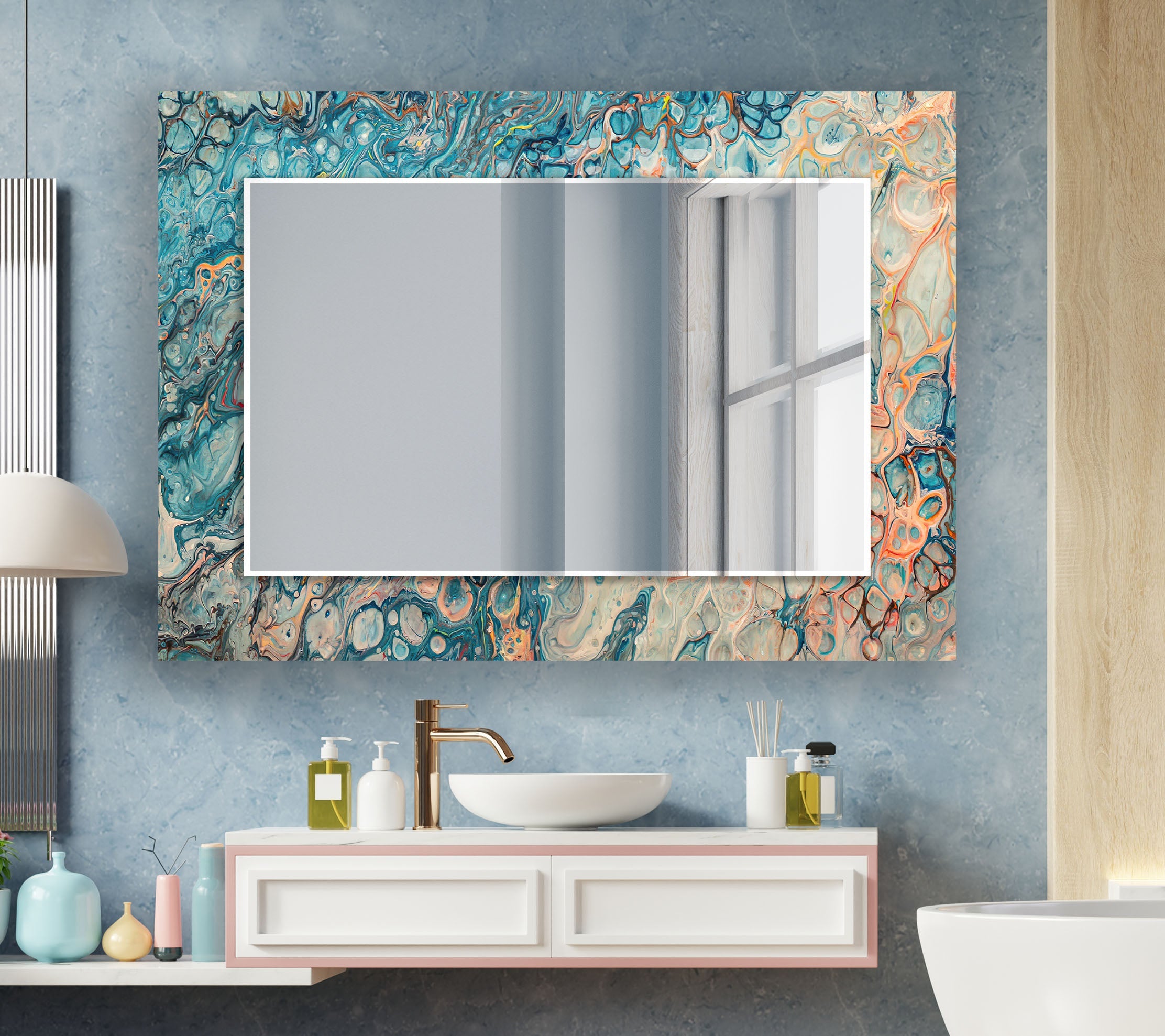 Blue Marbling Pattern Wall Mirror - Modern Decorative Round Mirror for Living Room, Bedroom, Bathroom & Entryway - Stylish Home Decor Accent