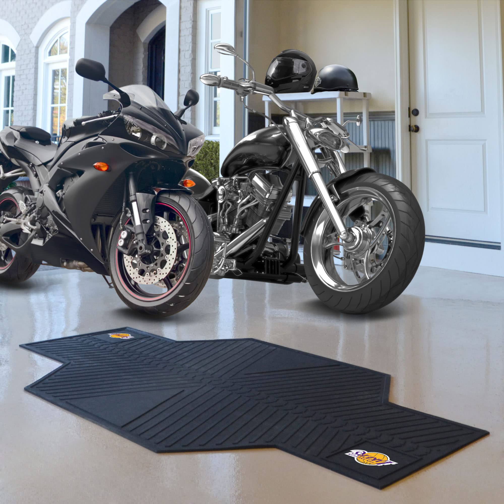 FANMATS 15381 NBA Los Angeles Lakers Motorcycle Floor Mat - Durable Non-Slip Rubber Mat for Motorcycle Parking & Garage Decor