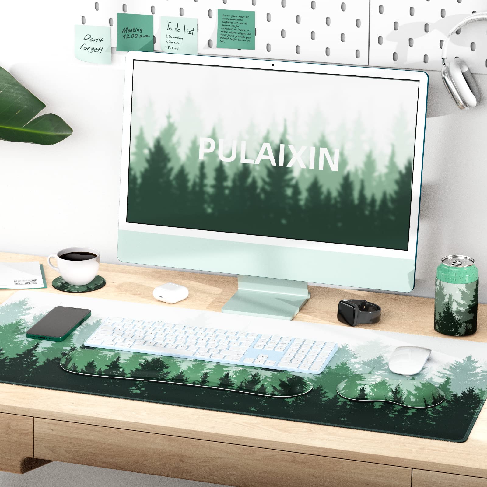 PULAIXIN 5-in-1 Ergonomic Gaming Keyboard and Mouse Pad Set with Wrist Support - Large 34.5x15.7 Inch Extended Desk Mat, Non-Slip Base - Green Forest Design for PC, Office & Gaming Setup