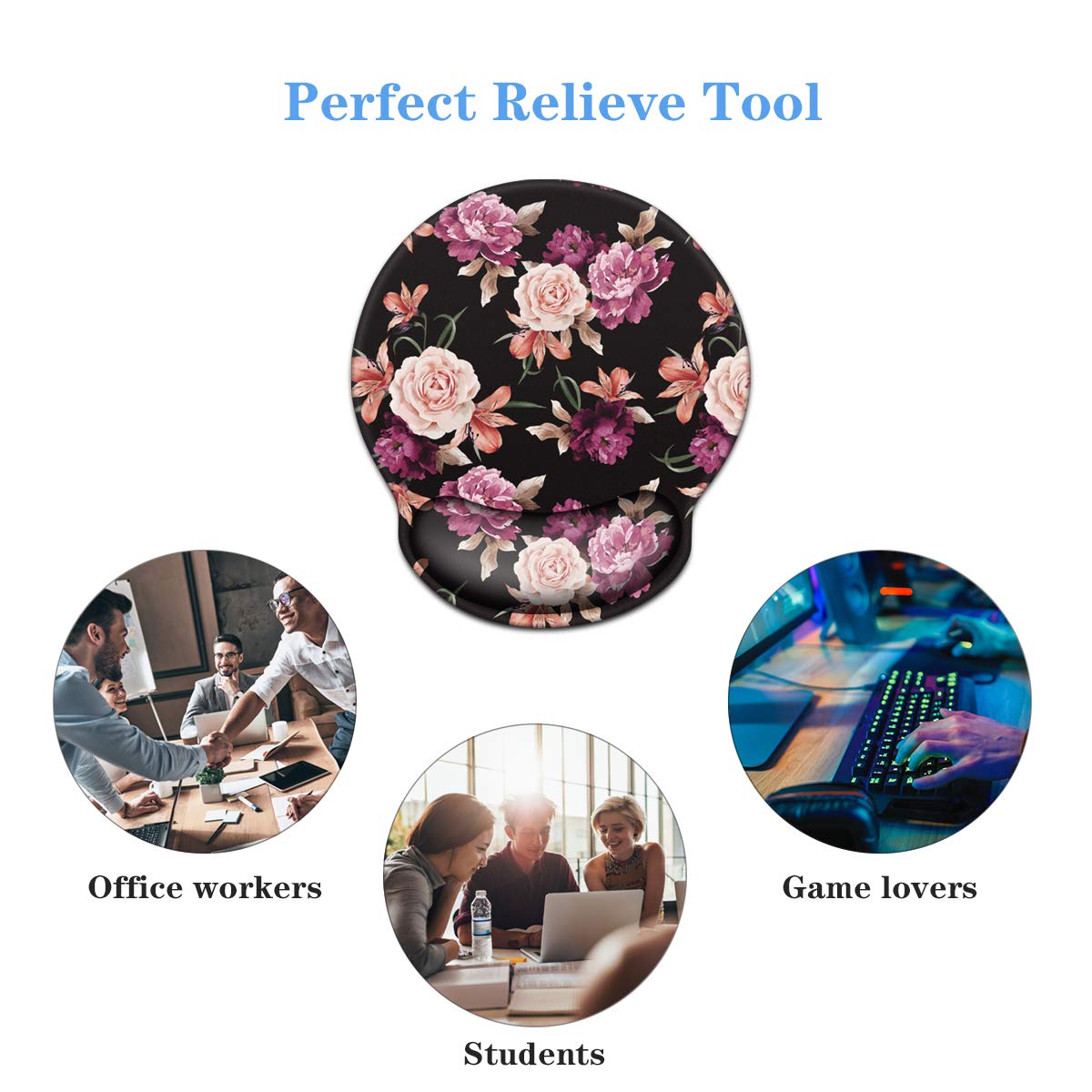 Waveyu Ergonomic Mouse Pad with Wrist Support - Cute Floral Design Non-Slip Rubber Base Mouse Mat for Laptop & Computer (Black Flower Pattern) - Perfect for Office, Gaming & Home Workspace Comfort