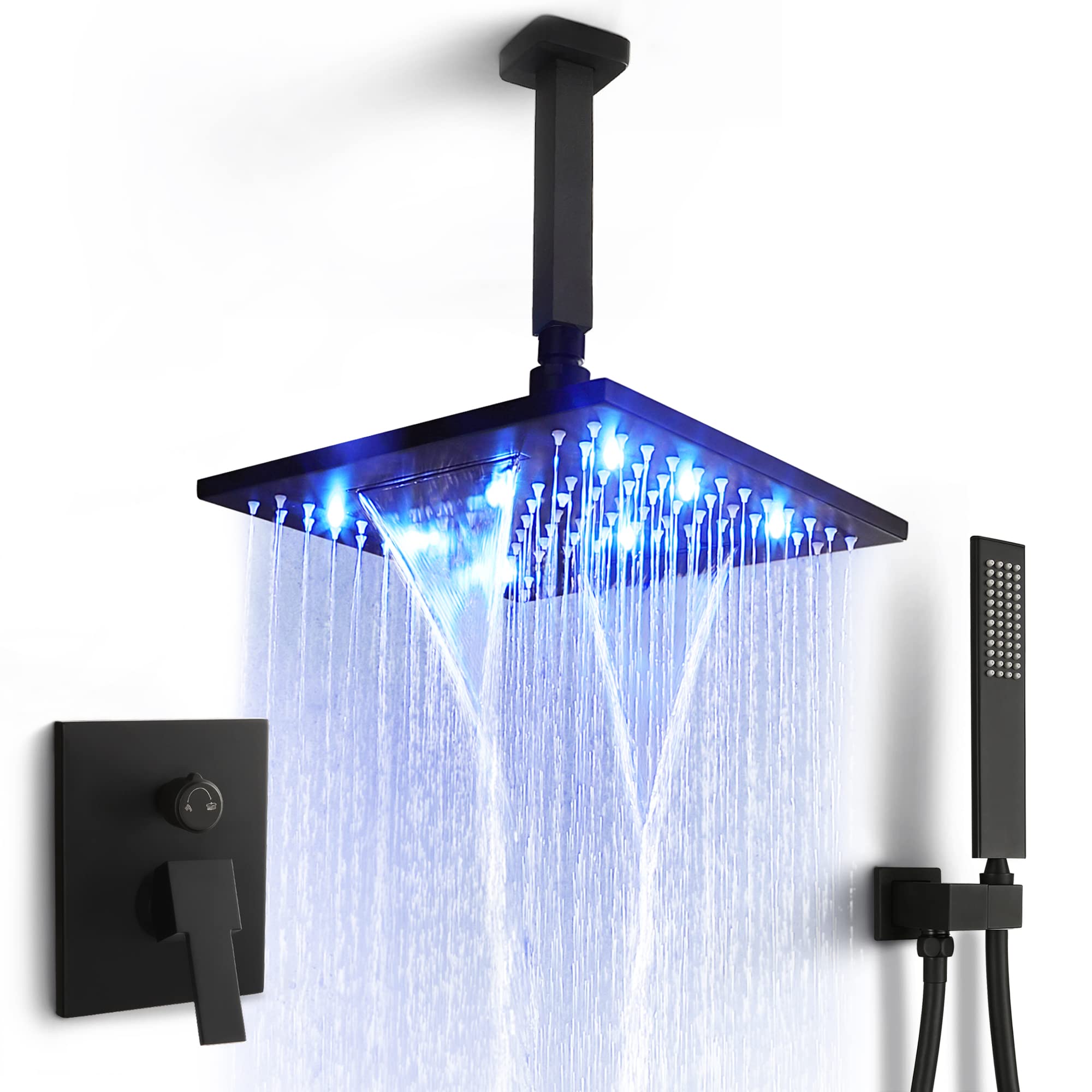 SKOWLL Matte Black Ceiling Mounted Shower System - 2 Function Shower Control Valve, High Pressure Rainfall Shower Head & Handheld Spray Combo for Luxurious Spa-Like Bathroom Experience