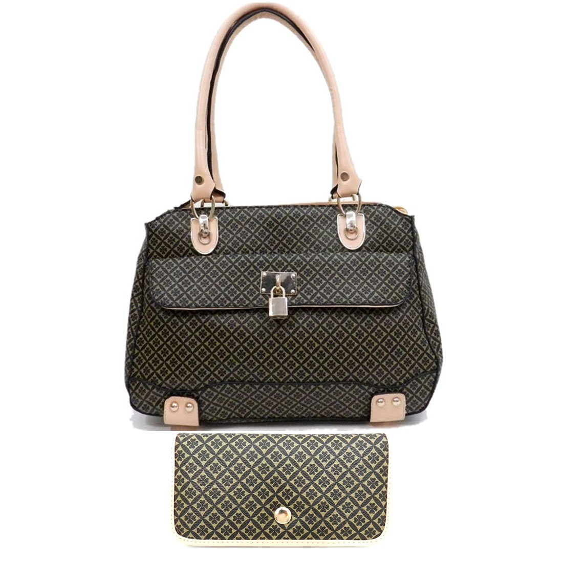 Designer Color Block Black & Beige Signature Lock Satchel Wallet Handbag Set - Perfect for Work, Travel, and Everyday Use