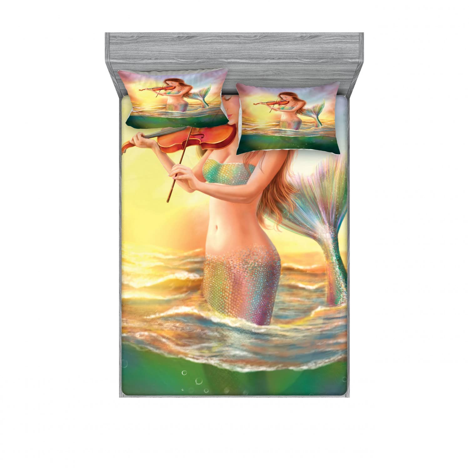 Ambesonne 2-Piece Queen Size Fitted Sheet Set with 4 Pillow Shams - Mermaid Playing Violin Design, Vibrant Multicolor Ocean Themed Bedding for Coastal Decor, Beach House, or Mermaid Lover's Bedroom