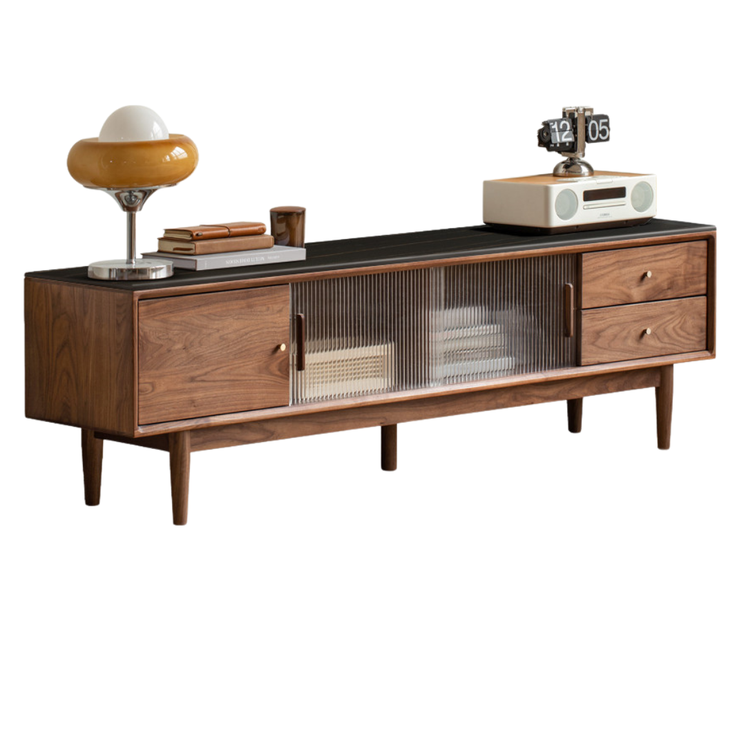 Premium Black Walnut Solid Wood TV Stand - Modern Entertainment Center with Storage Shelves for Living Room, Bedroom & Home Theater Setup