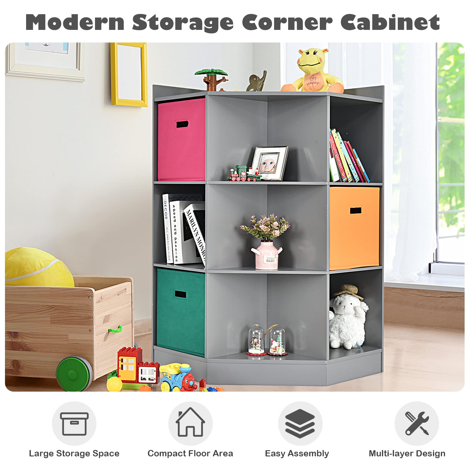 HONEY JOY 9-Cubby Wooden Toy Storage Organizer with Display Shelf & 3 Removable Baskets - Kids Playroom, Bedroom & Nursery Daycare Corner Cabinet (Gray) - Perfect for Organizing Toys, Books & Learning Supplies in Small Spaces