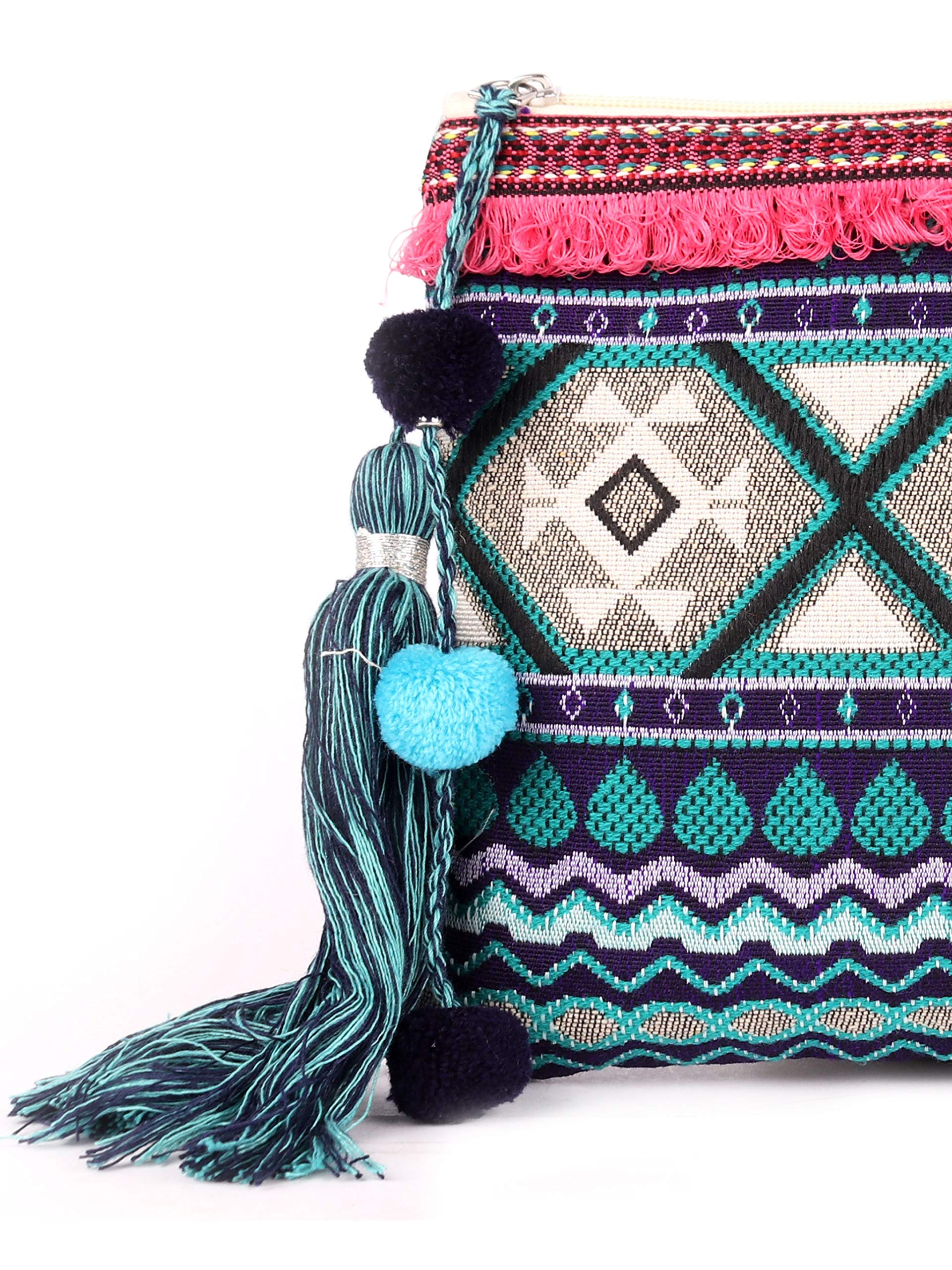ASTRID 20cm Blue Cotton Makeup Pouch with Tassels - Travel Cosmetic Bag for Women, Perfect for Toiletries, Jewelry & Accessories Organization (Ideal for Vacation, Gym & Daily Use)