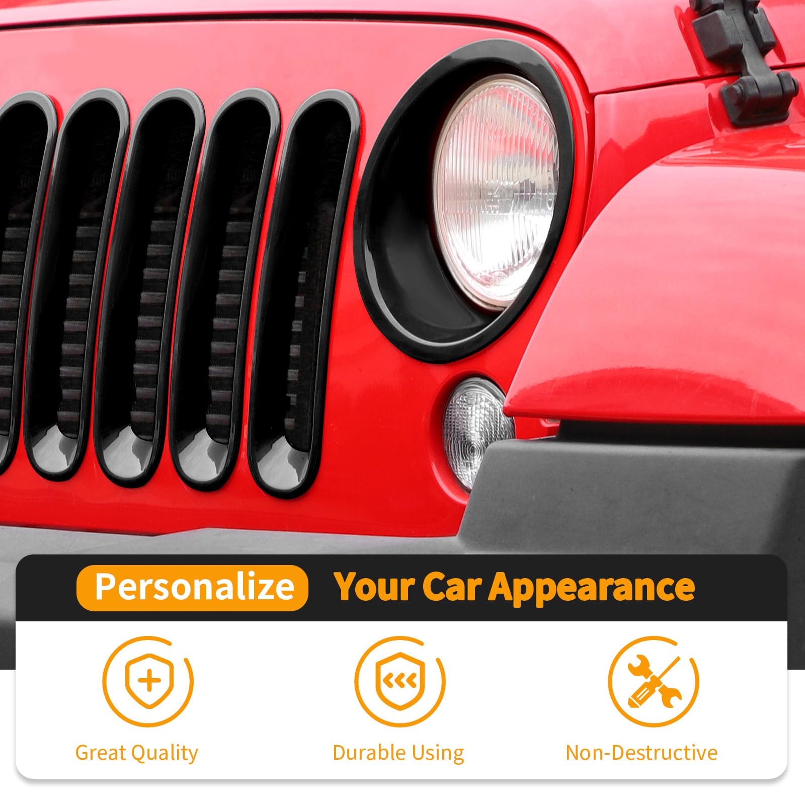 Hoolcar Front Grille Insert Cover & Headlight Bezel Cover Trim for Jeep Wrangler JK JKU 2007-2017 | Black Exterior Accessories | Off-Road Style Upgrade & Customization