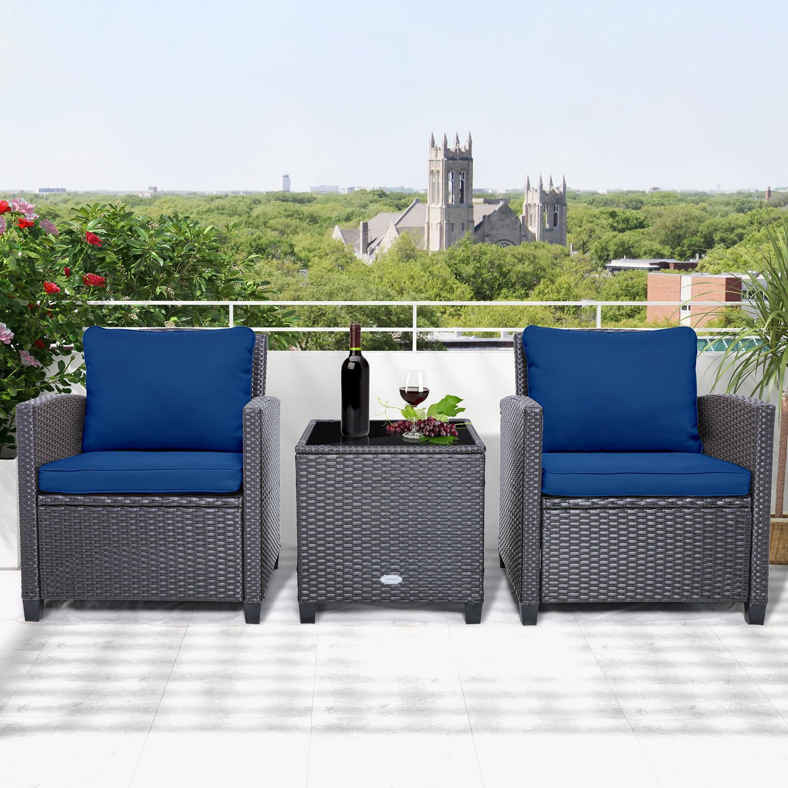 Tangkula 3-Piece PE Rattan Patio Furniture Set with Washable Cushions & Tempered Glass Table - Outdoor Wicker Sofa Set for Garden, Poolside, Balcony or Backyard (Beige/Navy) - Perfect for Relaxing, Entertaining Guests, and Enjoying Outdoor Living Spaces