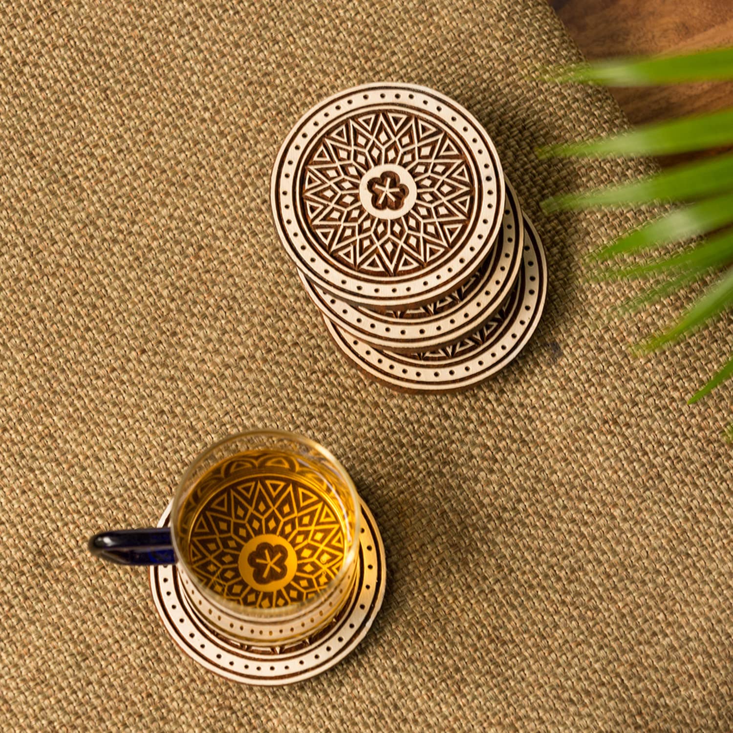 Magnificent Mandala Wooden Coasters Set of 4 - Handcrafted Sheesham Wood Drink Coasters for Hot Pots & Beverages - Brown & White Home Decor for Dining Table, Office & Tea Time