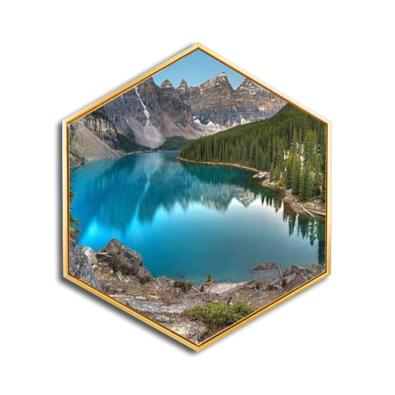 Moraine Lake Canvas Wall Art - Golden Framed Giclee Print | Modern Minimalist Hexagon Wall Decor for Home & Office | Ready to Hang | Perfect for Living Room, Bedroom & Workspace