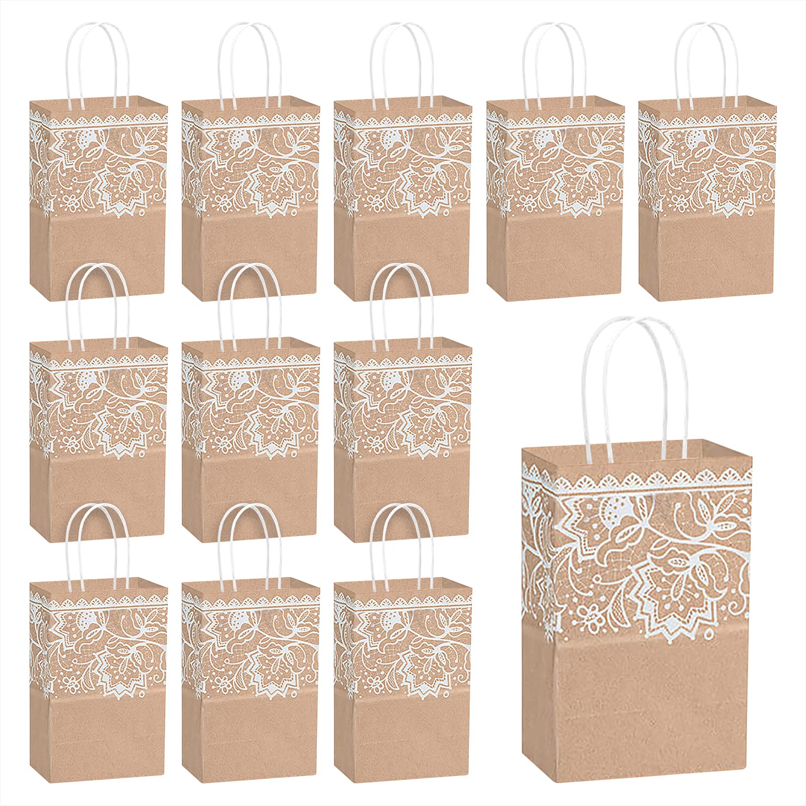 Eco-Friendly Kraft Brown & Lace Print Gift Bags - 5.25x3.5x8.25 Inch Small Party Favor Bags (12 Pack) - Perfect for Birthday Parties, Wedding Favors & Holiday Gift Wrapping