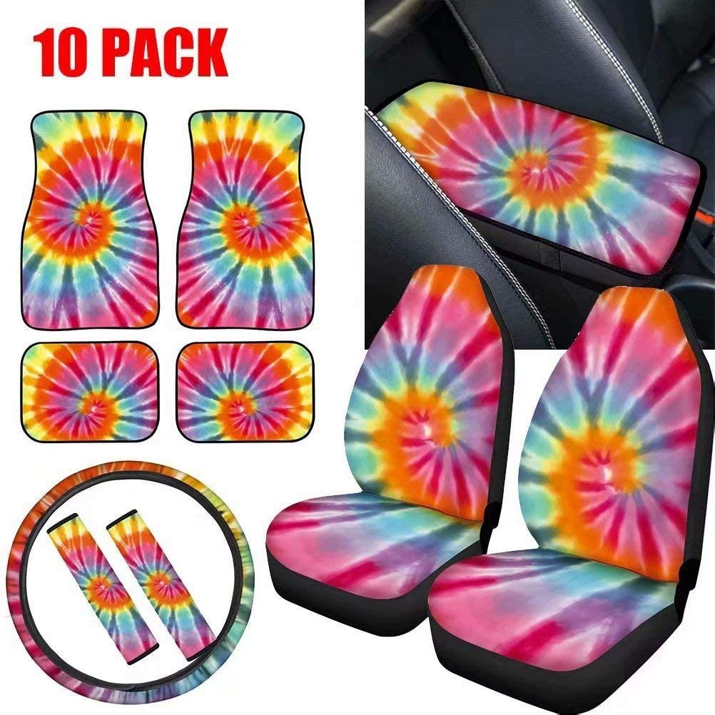Deeprinter Tie Dye Car Seat Covers Set with Floor Mats, Armrest Covers, Steering Wheel Protectors & Seatbelt Pads - 10-Piece Vehicle Accessories for Comfort & Style | Perfect for Road Trips, Daily Commute & Car Interior Protection