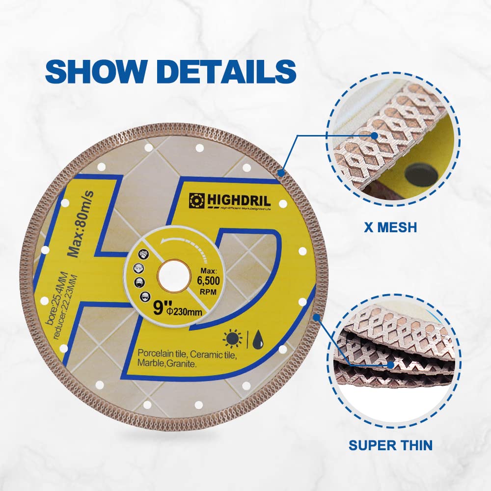 HIGHDRIL 9 Inch Diamond Saw Blade - 5 Pack Premium Diamond Tile Cutting Disc for Porcelain, Ceramic, Granite & Marble - Dry or Wet Use Turbo X Mesh Circular Saw Blades - Perfect for Home Renovation, Tile Installation & DIY Projects
