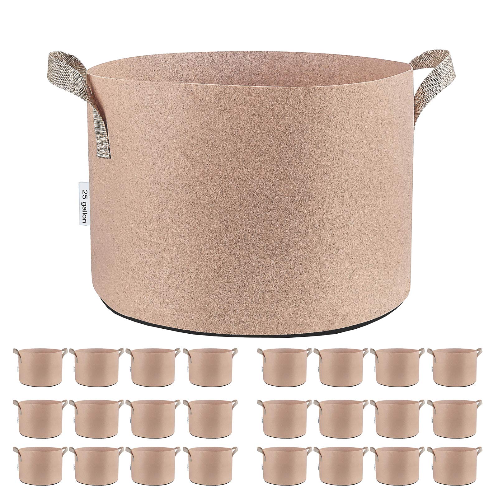 24-Pack 25 Gallon Tan Fabric Grow Bags - Breathable Aeration Pots for Nursery, Garden & Planting | Durable Container for Vegetables, Fruits & Flowers | Perfect for Indoor & Outdoor Gardening
