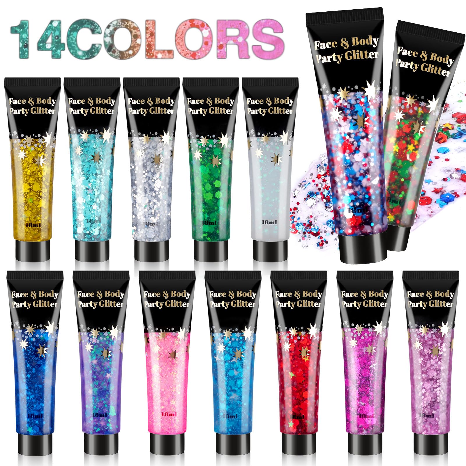 14 Colors Body & Face Glitter Gel - Shimmer Makeup for Valentine’s Day, Parties & Festivals | Hair, Eyeshadow & Daylight Glitter | Perfect for Cosplay, Raves & Special Occasions