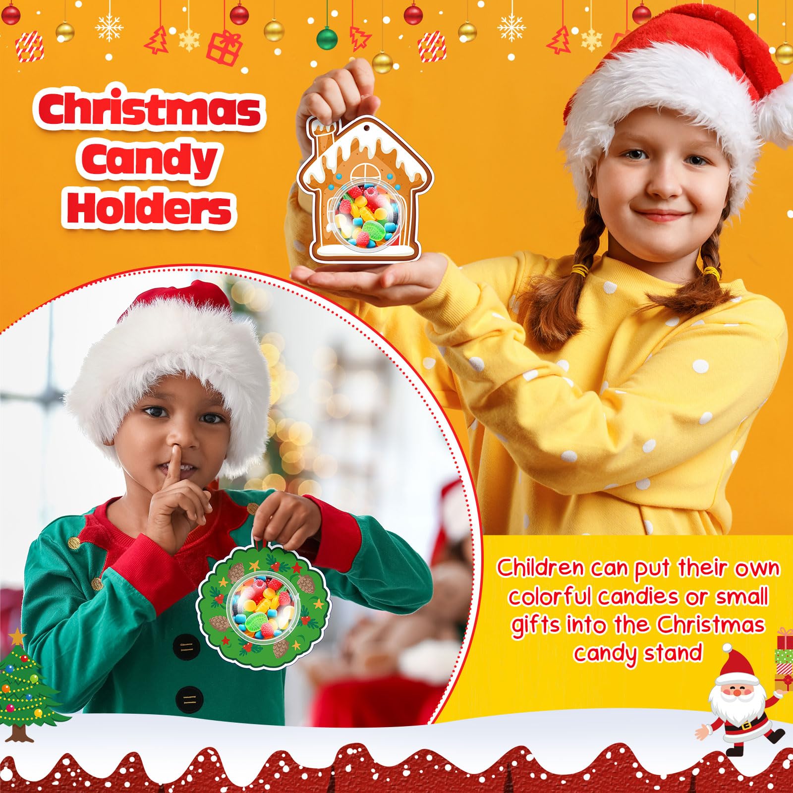 24 Pcs Christmas Candy Holders with Adhesive Pouches - Santa Snowman Gingerbread Elk Decorations for DIY Xmas Gifts, Party Favors, Stocking Stuffers & Classroom Treats