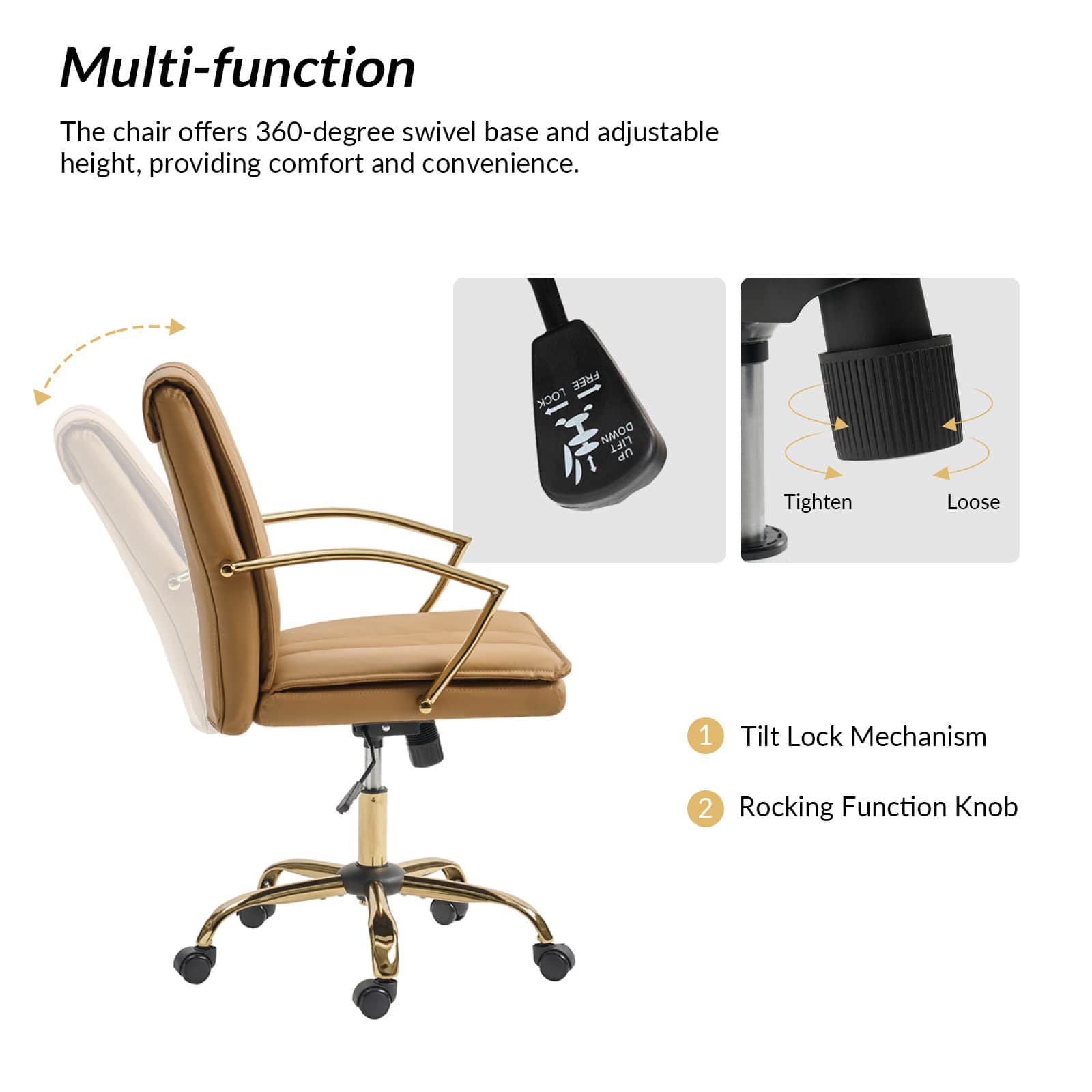 Roberto PU Leather Rocking Office Chair - Ergonomic Desk Chair with Adjustable Height & Swivel Base for Home Office, Gaming, and Workspace Comfort