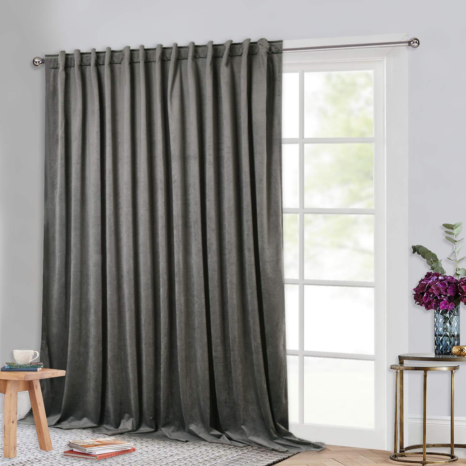 StangH Grey Velvet Blackout Thermal Curtains - 84 Inch Extra Wide Window Drapes for Sliding Doors & Farmhouse Living Room | Back Tab Design, Noise Reducing, Energy Saving (100