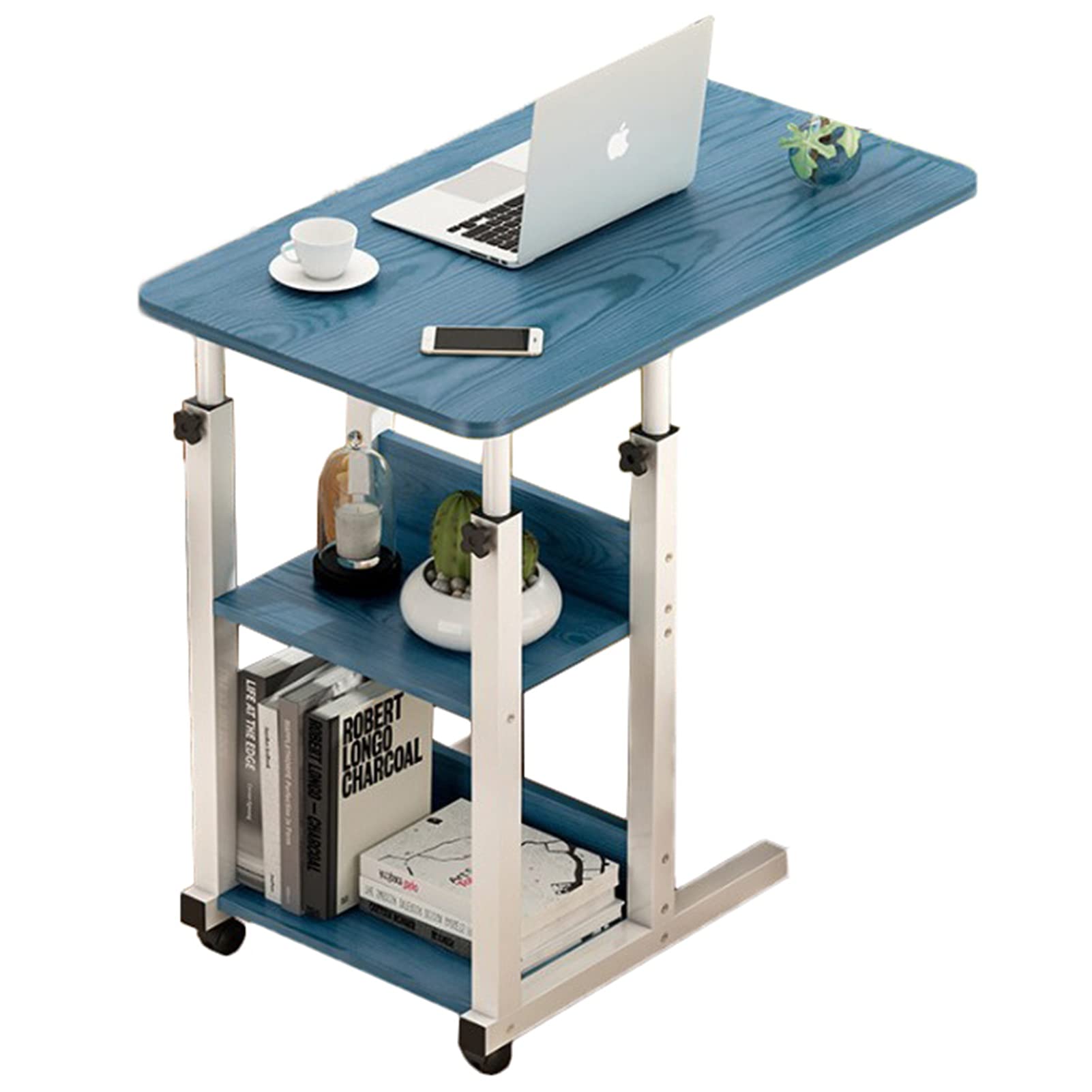 3-Tier Rolling Side Table - Adjustable Mobile Laptop Stand for Small Spaces | Hardboard Accent Table with Wheels for Living Room, Bedroom & Office (Blue) | Perfect for Sofa Beds, Dorms & Workspaces