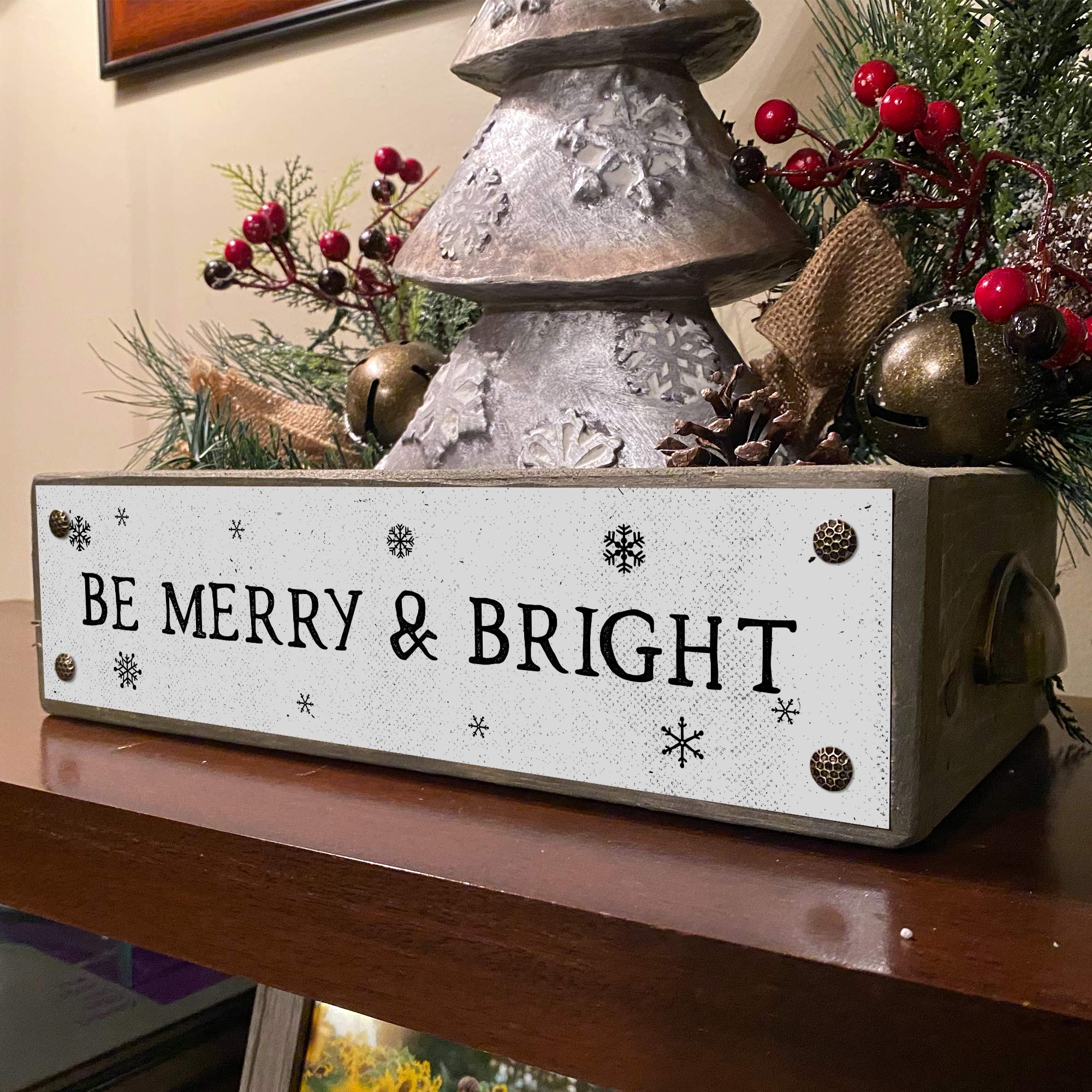 ANVEVO Be Merry And Bright Christmas Wooden Decor Box - Rustic Farmhouse Storage Caddy with Funny Sayings - Holiday Home Décor for Living Room, Mantel & Gift Giving