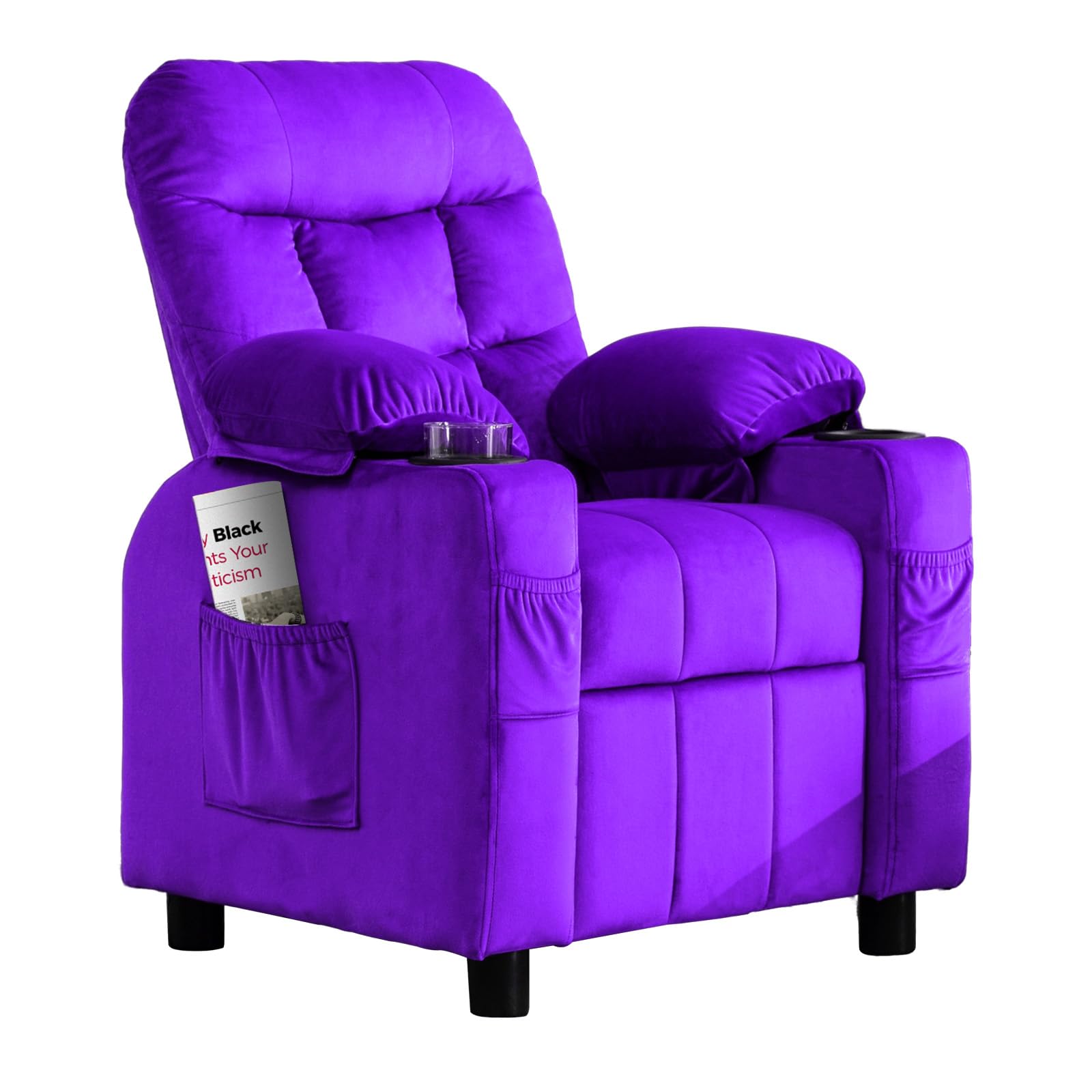 **Kids Recliner Chair with Cup Holder & Footrest - Adjustable Velvet Lounge Chair for Toddlers & Children - Ergonomic Design with Side Pockets - Soft Purple Sofa for Boys & Girls Bedroom, Playroom, or TV Room**