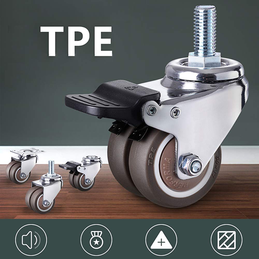 40mm Double Wheels Swivel Stem Casters (4 Pack) - M8x25mm Bolt - 50kg Capacity - TPE Rubber Office Chair Replacement Wheels - Heavy Duty Furniture Trolley Casters with Brake - Perfect for Office Chairs, Workstations, and Industrial Equipment