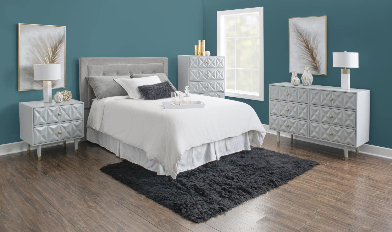 Linon Two Drawer Geo Texture Nightstand Grey - Modern Bedside Table for Bedroom, Living Room & Office - Compact Storage Solution with Sleek Design