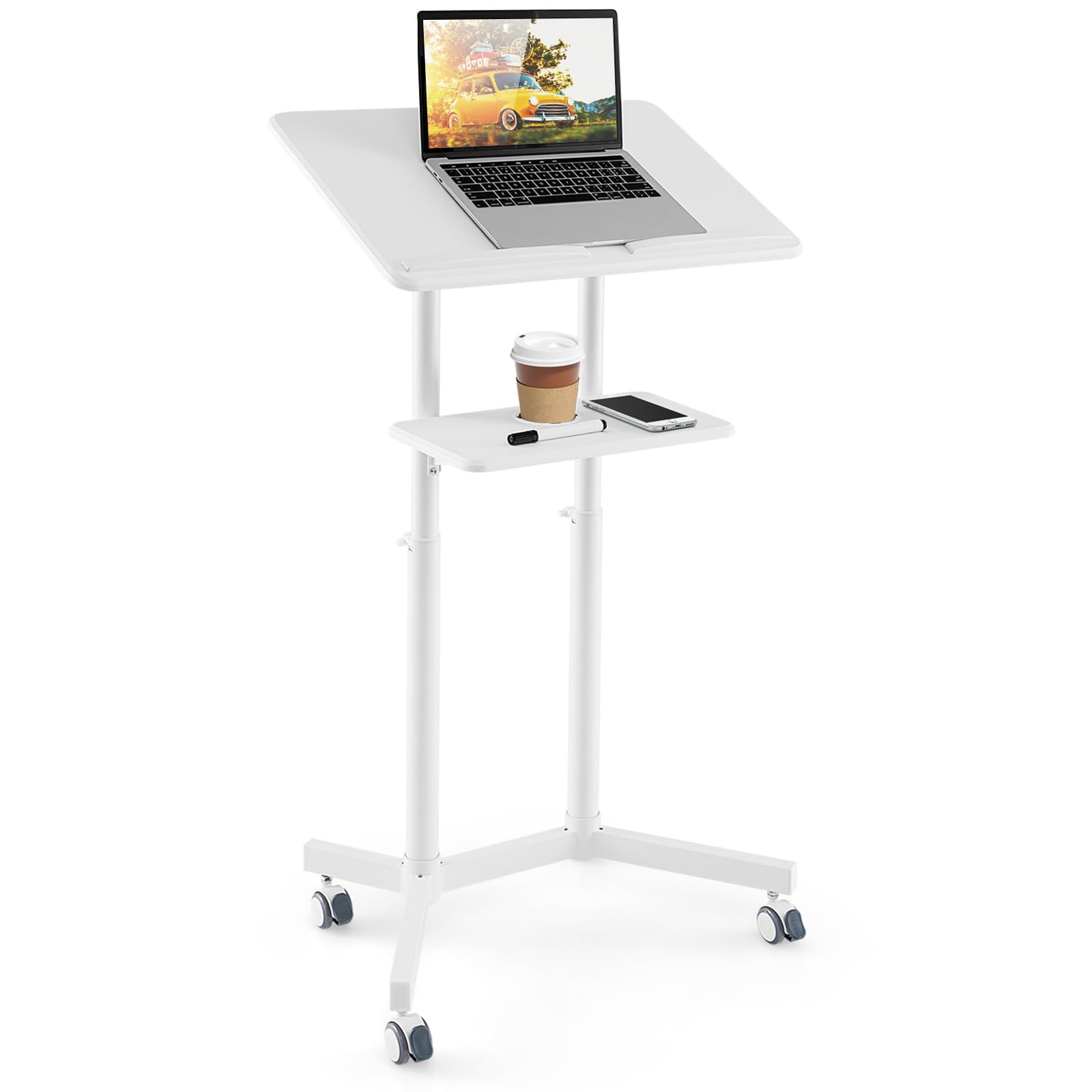 Adjustable Mobile Laptop Podium Stand with Storage Tray & Tilting Desktop - Rolling Lectern for Home Office, Classroom, Church & Presentations - White Standing Desk with Wheels for Easy Mobility