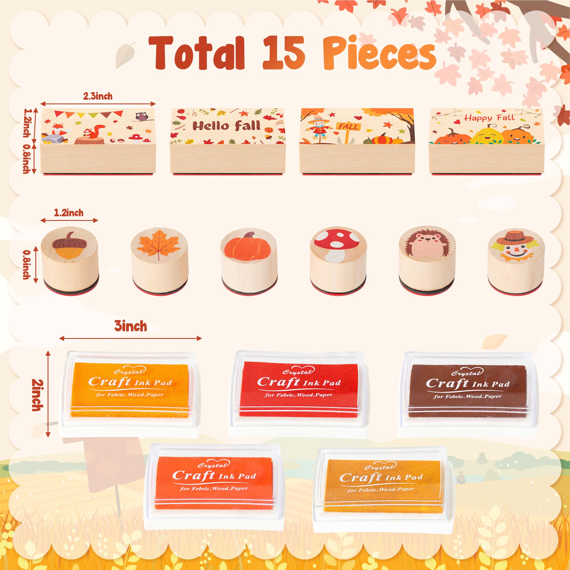 15Pcs Fall Wooden Rubber Stamps Set - DIY Autumn Crafts for Kids, Scrapbooking & Card Making